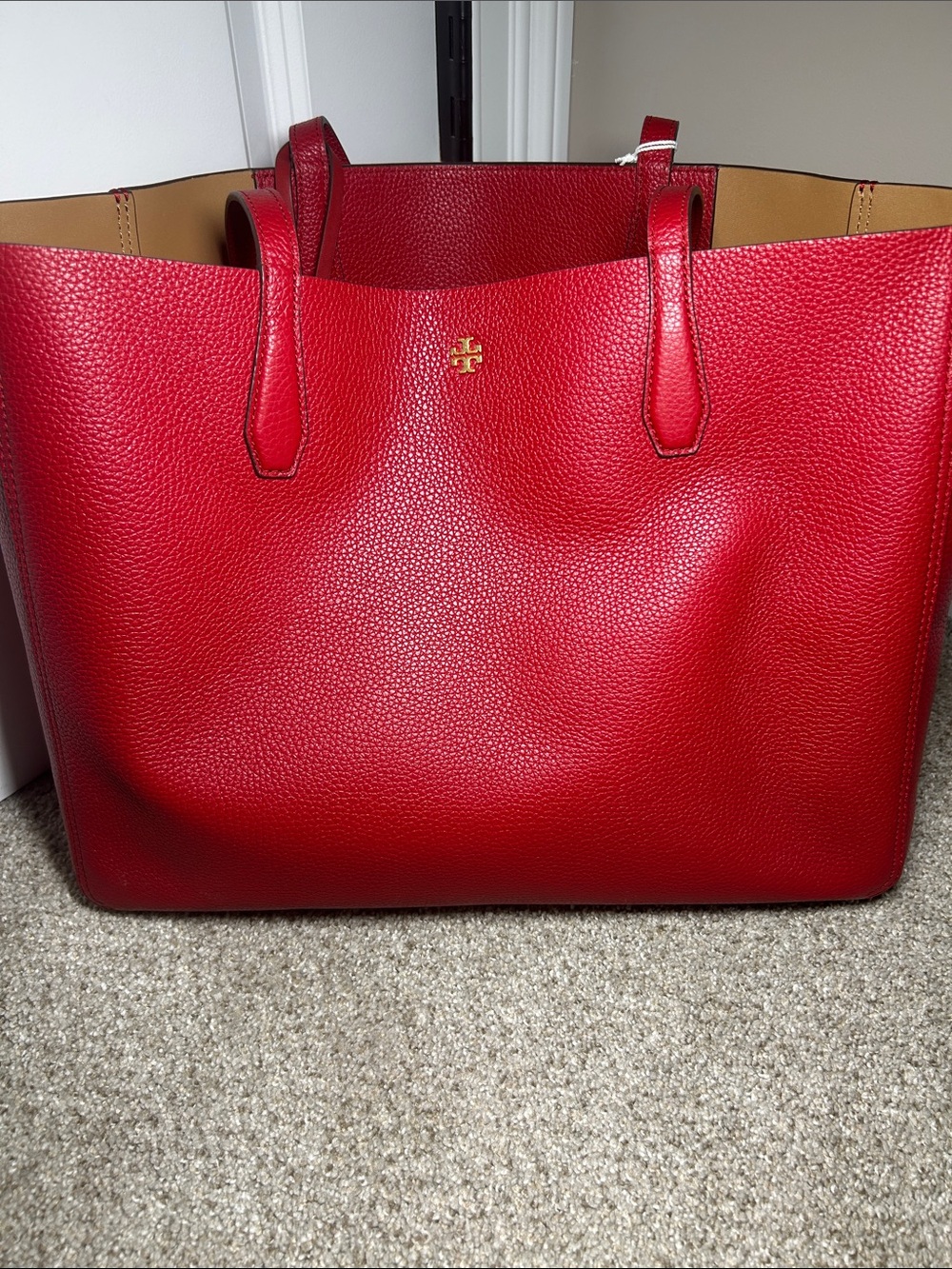 Tory Burch Red Pebbled Leather Tote with Gold Logo Accent